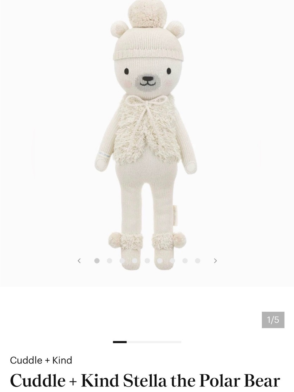 Cuddle + Kind Cream Knit Polar Bear Plush with Pom-Pom Hat. New without tags.